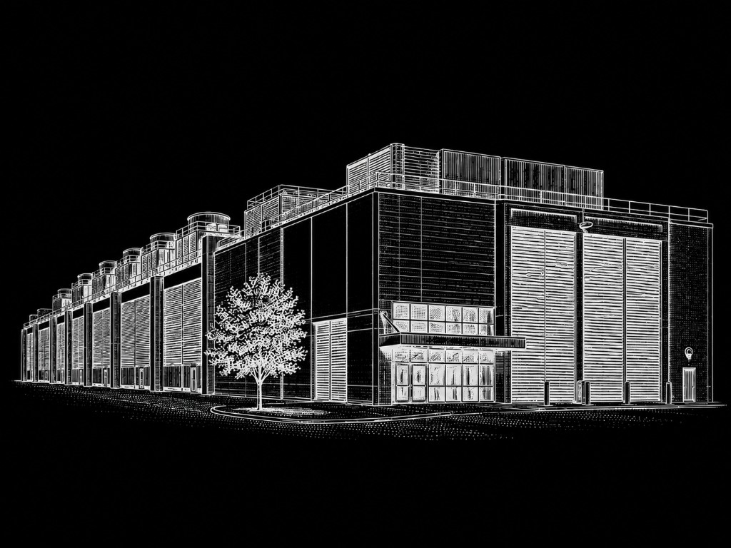 White line drawing of a large data center on a black background
